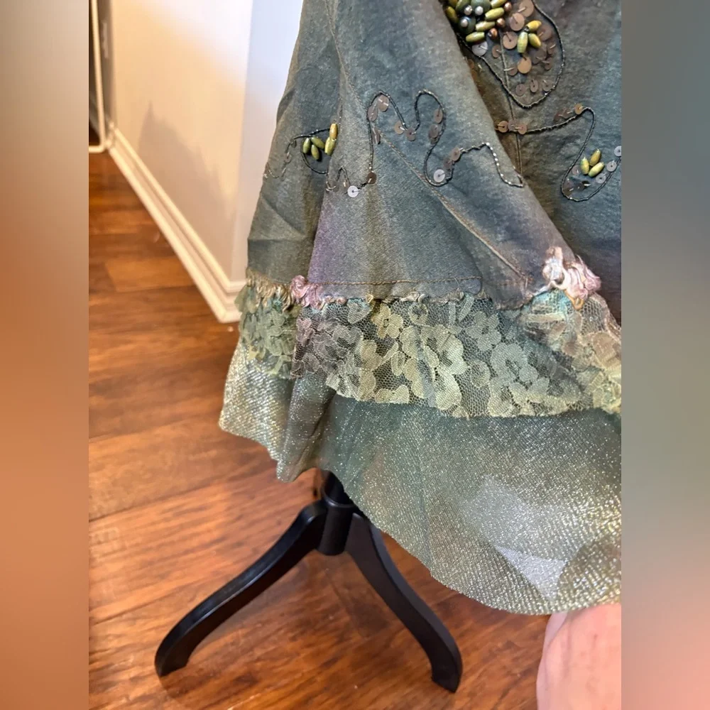 Simon Chang Olive Green Midi Skirt Beaded Floral Lace Hem Size 12 - Picture 4 of 11